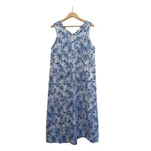 J Jill Love Linen Pineapple Print Midi Dress Womens Large Tropical Vacation Blue